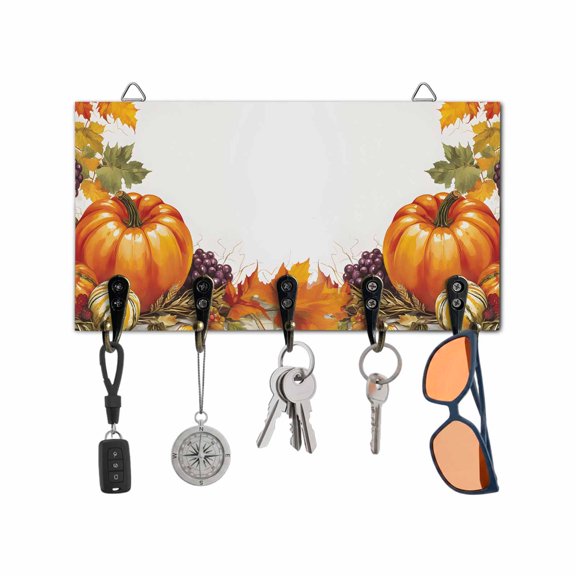Fall Key Holder for Wall Pumpkin Key Hooks Wood Wall Mounted Key Holder Maple Leaves Corn Grape Thanksgiving Key Rack Organizer with 5 Hooks for Entryway Hallway Office Bathroom Kitchen Home Decor