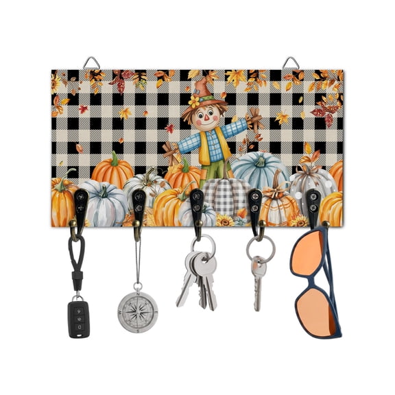 Fall Key Holder for Wall Scarecrows Harvest Pumpkin Key Hooks Wood Wall Mounted Key Holder Bird Autumn Maple Leaves Plaid Thanksgiving Key Rack Organizer with 5 Hooks for Entryway Hallway Office