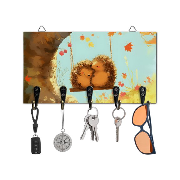 Fall Key Holder for Wall Swinging Hedgehogs Key Hooks Wood Wall Mounted Key Holder Maple Leaves Tree Thanksgiving Key Rack Organizer with 5 Hooks for Entryway Hallway Office Bathroom Kitchen