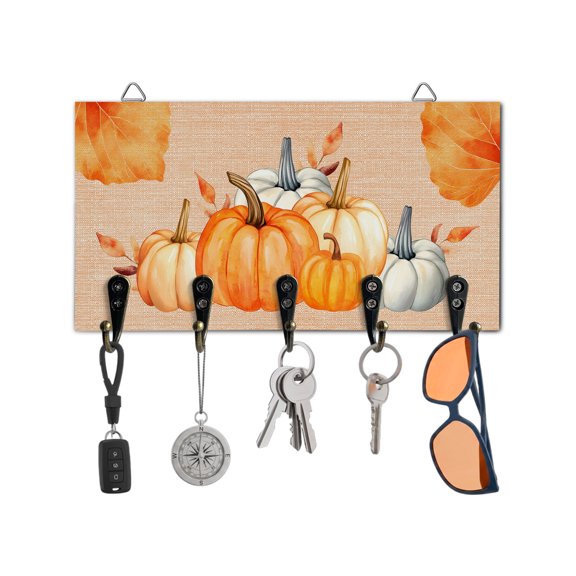 Fall Key Holder for Wall Watercolor Pumpkin Key Hooks Wood Wall Mounted Key Holder Maple Leaves Linen Thanksgiving Key Rack Organizer with 5 Hooks for Entryway Hallway Office Bathroom Kitchen