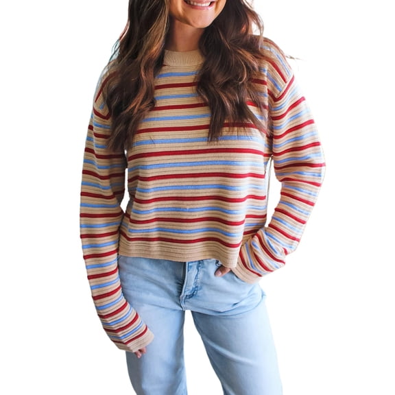 Fall Khaki Striped Long Sleeve Crop Sweater for Women | L