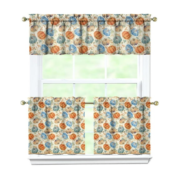 Fall Kitchen Curtains 24 Inch Short - 3 Panel Set, Autumn Harvest Print, Rod Pocket Window Treatment for Thanksgiving, Farmhouse, Cafe, Living Room - Machine Washable