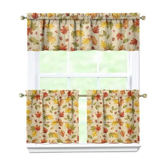 Fall Kitchen Curtains 24 Inch Short - 3 Panel Set, Autumn Harvest Print, Rod Pocket Window Treatment for Thanksgiving, Farmhouse, Cafe, Living Room - Machine Washable