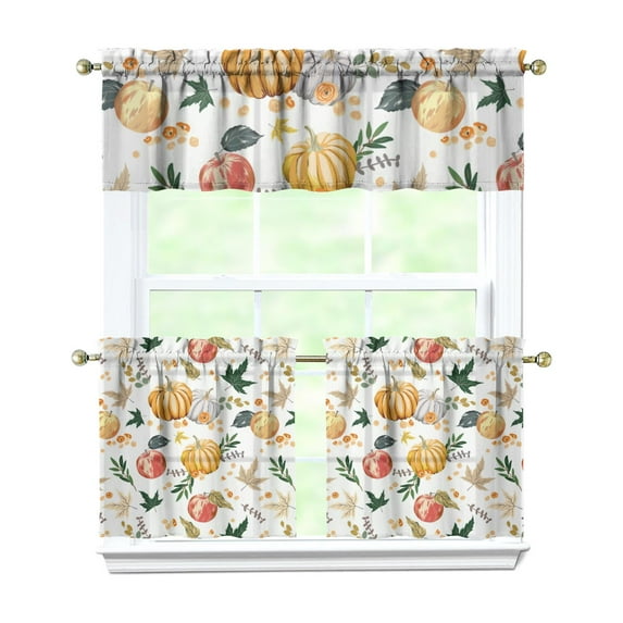 Fall Kitchen Curtains 24 Inch Short - 3 Panel Set, Autumn Harvest Print, Rod Pocket Window Treatment for Thanksgiving, Farmhouse, Cafe, Living Room - Machine Washable