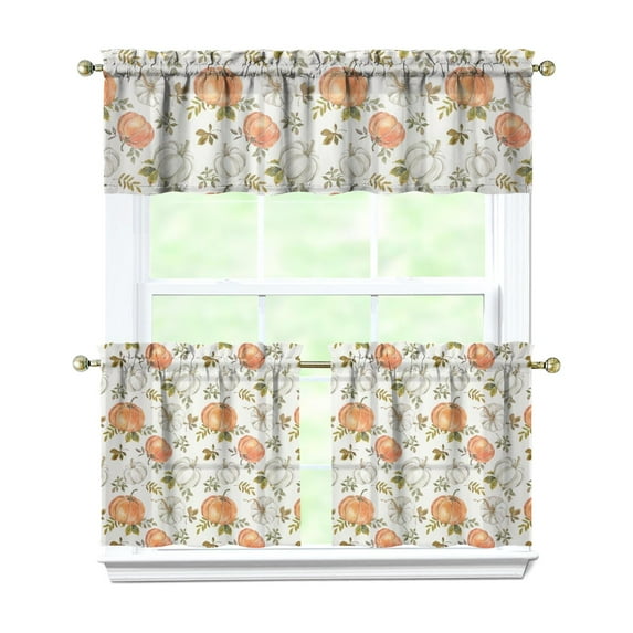 Fall Kitchen Curtains 24 Inch Short - 3 Panel Set, Autumn Harvest Print, Rod Pocket Window Treatment for Thanksgiving, Farmhouse, Cafe, Living Room - Machine Washable