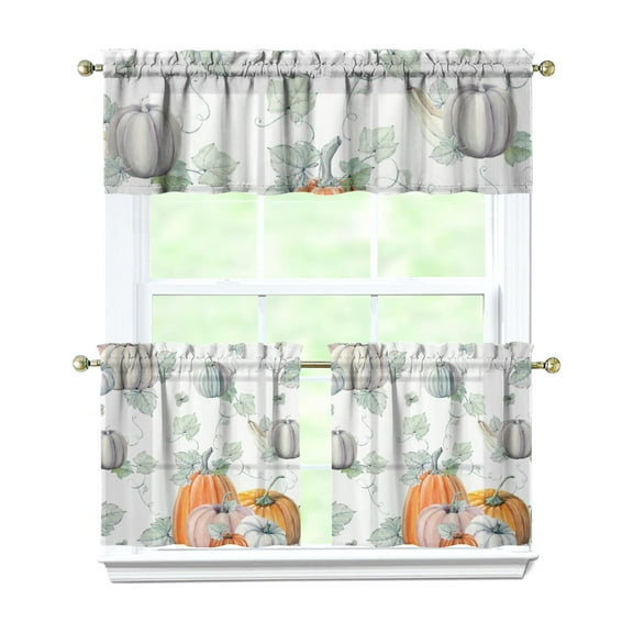 Fall Kitchen Curtains 24 Inch Short - 3 Panel Set, Autumn Harvest Print, Rod Pocket Window Treatment for Thanksgiving, Farmhouse, Cafe, Living Room - Machine Washable