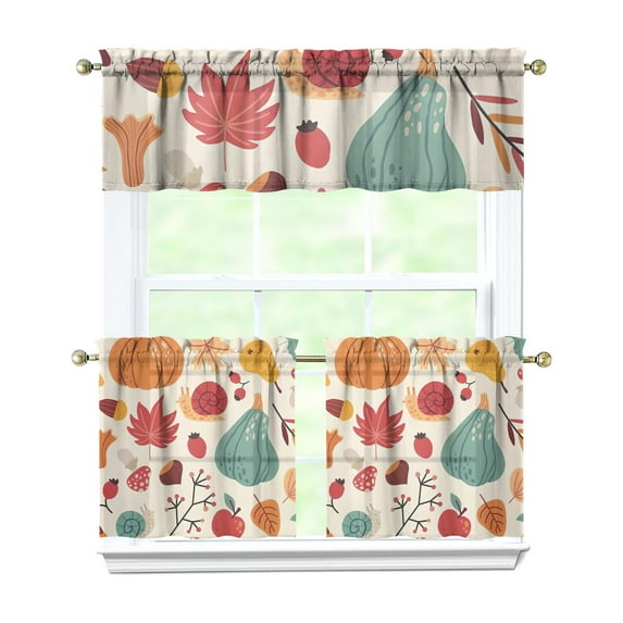 Fall Kitchen Curtains 24 Inch Short - 3 Panel Set, Autumn Harvest Print, Rod Pocket Window Treatment for Thanksgiving, Farmhouse, Cafe, Living Room - Machine Washable