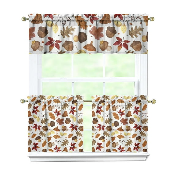 Fall Kitchen Curtains 24 Inch Short - 3 Panel Set, Autumn Harvest Print, Rod Pocket Window Treatment for Thanksgiving, Farmhouse, Cafe, Living Room - Machine Washable