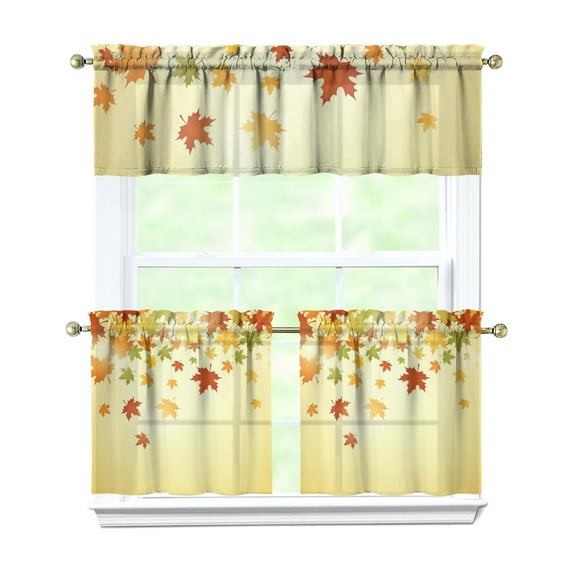 Fall Kitchen Curtains 24 Inch Short - 3 Panel Set, Autumn Harvest Print, Rod Pocket Window Treatment for Thanksgiving, Farmhouse, Cafe, Living Room - Machine Washable