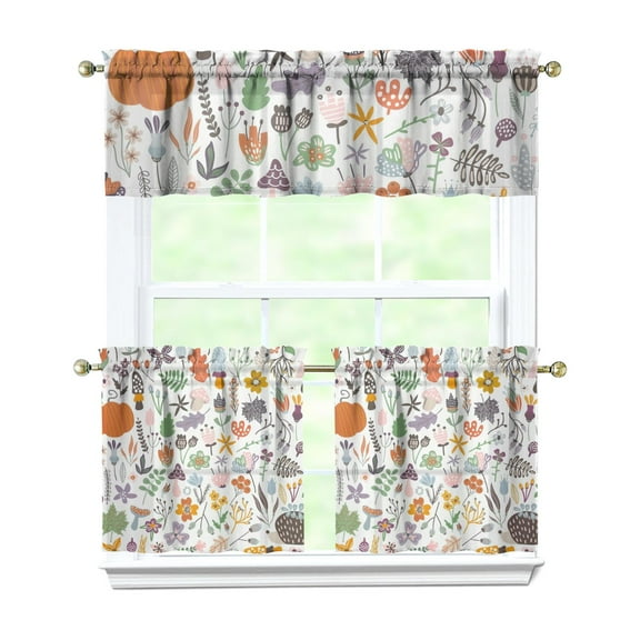 Fall Kitchen Curtains 24 Inch Short - 3 Panel Set, Autumn Harvest Print, Rod Pocket Window Treatment for Thanksgiving, Farmhouse, Cafe, Living Room - Machine Washable