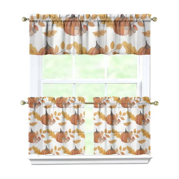Fall Kitchen Curtains 24 Inch Short - 3 Panel Set, Autumn Harvest Print, Rod Pocket Window Treatment for Thanksgiving, Farmhouse, Cafe, Living Room - Machine Washable