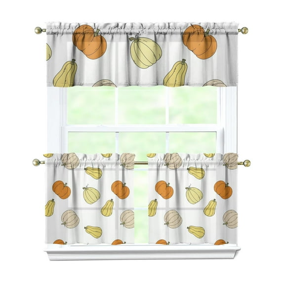 Fall Kitchen Curtains 24 Inch Short - 3 Panel Set, Autumn Harvest Print, Rod Pocket Window Treatment for Thanksgiving, Farmhouse, Cafe, Living Room - Machine Washable