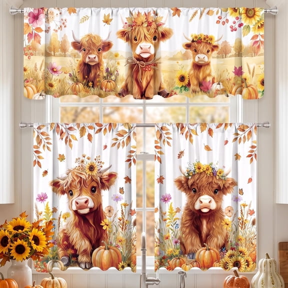 Fall Kitchen Curtains 3‑Piece Set, Cute Highland Cow Sunflower Pumpkin Autumn Leaves Print Window Curtain Valance Tier Curtain for Kitchen Dining Room Decor 52x18 Inch & 26x36 Inch