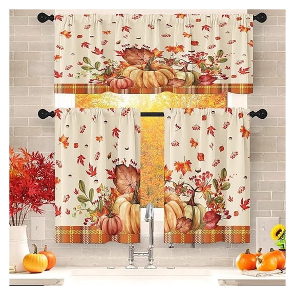 Fall Kitchen Curtains 3 Piece Set Farmhouse Maple Leaf Pumpkin Valance Window Treatments