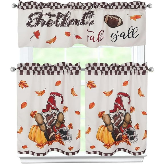 Fall Kitchen Curtains 3 Piece Set Football Curtains Cute Gnomes Valance & Tiers for Kitchen Home Cafe Indoor 36 Inch Short Window Curtain Over Sink Window Farmhouse Fall Decor