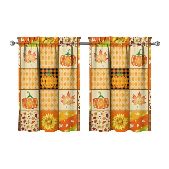 Fall Kitchen Curtains 36 Inch Short - 2 Panel Set, Autumn Harvest Print, Rod Pocket Window Treatment for Thanksgiving, Farmhouse, Cafe, Living Room - Machine Washable