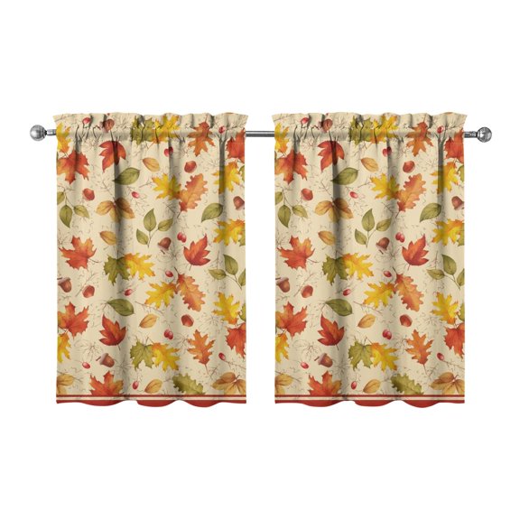 Fall Kitchen Curtains 36 Inch Short - 2 Panel Set, Autumn Harvest Print, Rod Pocket Window Treatment for Thanksgiving, Farmhouse, Cafe, Living Room - Machine Washable