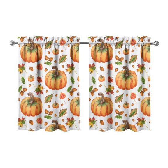 Fall Kitchen Curtains 36 Inch Short - 2 Panel Set, Autumn Harvest Print, Rod Pocket Window Treatment for Thanksgiving, Farmhouse, Cafe, Living Room - Machine Washable