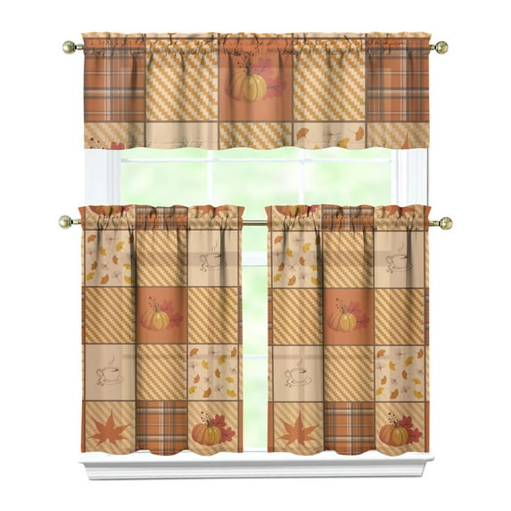 Fall Kitchen Curtains 36 Inch Short - 3 Panel Set, Autumn Harvest Print, Rod Pocket Window Treatment for Thanksgiving, Farmhouse, Cafe, Living Room - Machine Washable