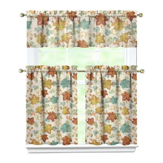 Fall Kitchen Curtains 36 Inch Short - 3 Panel Set, Autumn Harvest Print, Rod Pocket Window Treatment for Thanksgiving, Farmhouse, Cafe, Living Room - Machine Washable