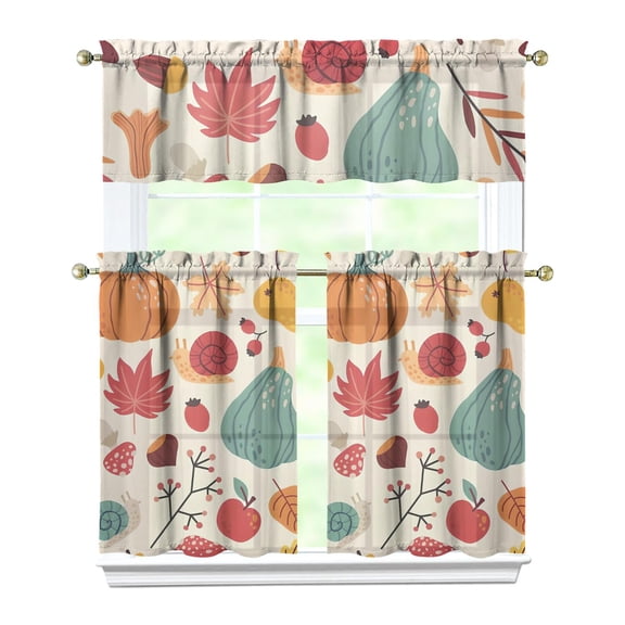 Fall Kitchen Curtains 36 Inch Short - 3 Panel Set, Autumn Harvest Print, Rod Pocket Window Treatment for Thanksgiving, Farmhouse, Cafe, Living Room - Machine Washable