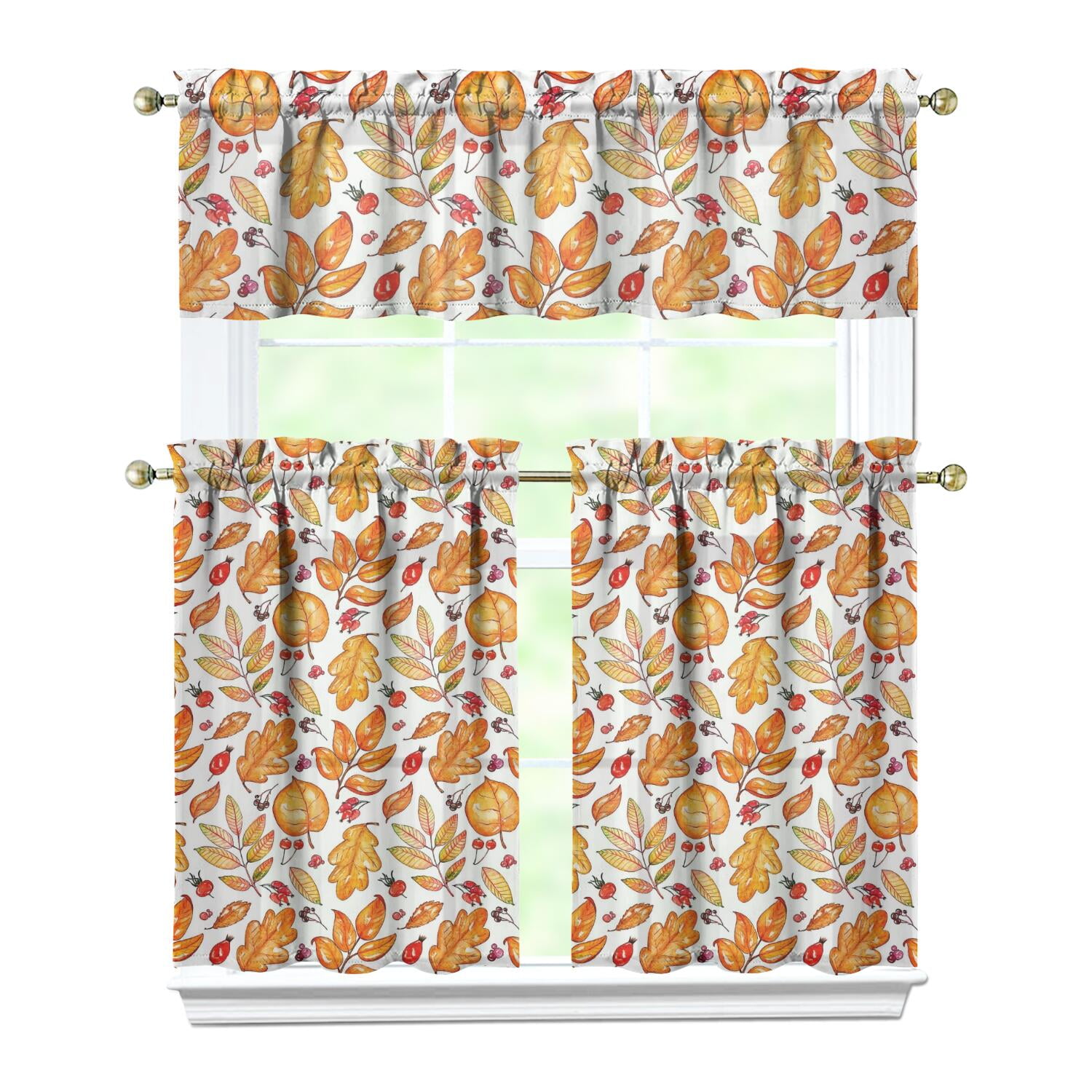 Fall Kitchen Curtains 36 Inch Short - 3 Panel Set, Autumn Harvest Print ...