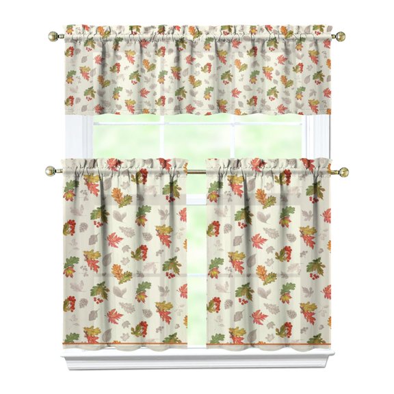 Fall Kitchen Curtains 36 Inch Short - 3 Panel Set, Autumn Harvest Print, Rod Pocket Window Treatment for Thanksgiving, Farmhouse, Cafe, Living Room - Machine Washable