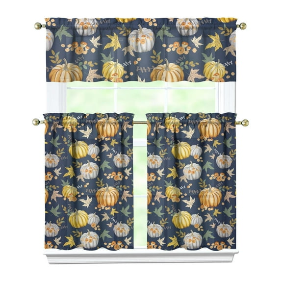 Fall Kitchen Curtains 36 Inch Short - 3 Panel Set, Autumn Harvest Print, Rod Pocket Window Treatment for Thanksgiving, Farmhouse, Cafe, Living Room - Machine Washable