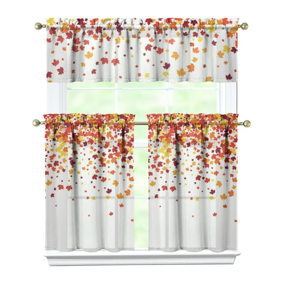 Fall Kitchen Curtains 36 Inch Short - 3 Panel Set, Autumn Harvest Print, Rod Pocket Window Treatment for Thanksgiving, Farmhouse, Cafe, Living Room - Machine Washable