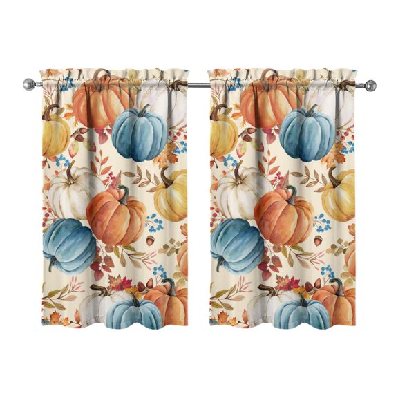 Fall Kitchen Curtains 39 Inch Short - 32Panel Set, Autumn Harvest Print, Rod Pocket Window Treatment for Thanksgiving, Farmhouse, Cafe, Living Room - Machine Washable