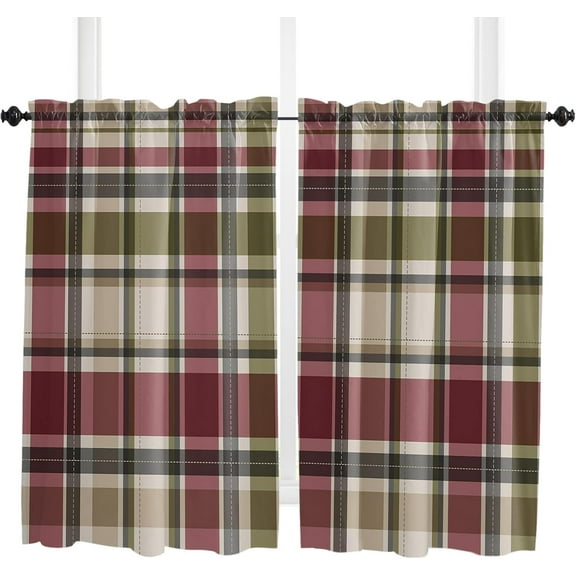 Fall Kitchen Curtains 54 Inches Long, Pink Green Rustic Buffalo Plaid Vintage Autumn Rod Pocket Window Curtains Panels for Bedroom, Light Filtering Treatment Curtains Drapes 42''''x54''''