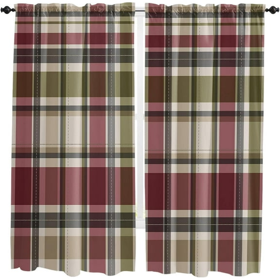 Fall Kitchen Curtains 84 Inches Long, Pink Green Rustic Buffalo Plaid Vintage Autumn Rod Pocket Window Curtains Panels for Bedroom, Light Filtering Treatment Curtains Drapes 52''''x84''''