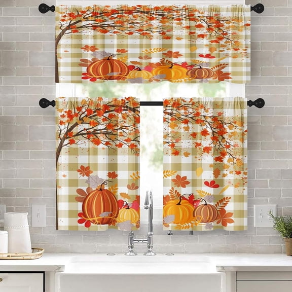 Fall Kitchen Curtains Autumn Pumpkin Window Curtains and Valances Set 24 Inch, Thanksgiving Short Tier Curtain for Kitchen, Maple Tree Leaves Yellow Checked Small Kitchen Decor