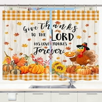 Fall Kitchen Curtains, Autumn Thanksgiving Pumpkins with Falling Maple Leaves Autumn Kitchen Curtains, Fall Thanksgiving Kitchen Curtains Window Drape Treatment Fabric 2 Panels 27.5 x 39 Inch