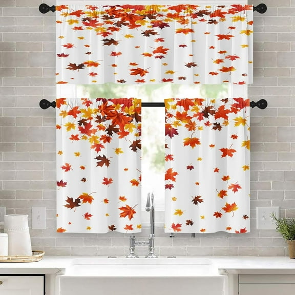 Fall Kitchen Curtains Autumn Window Curtains and Valances Set 24 Inch, Beautiful Falling Maple Leaves Short Tier Curtain, Orange Modern Small Kitchen Decor