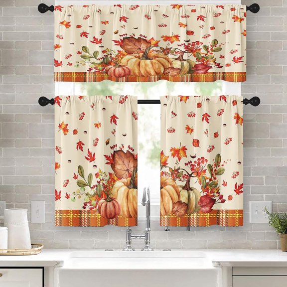 Fall Kitchen Curtains Autumn Window Curtains and Valances Set 24 Inch, Rustic Maple Leaves Short Tier Curtain for Kitchen, Farmhouse Small Kitchen Decor