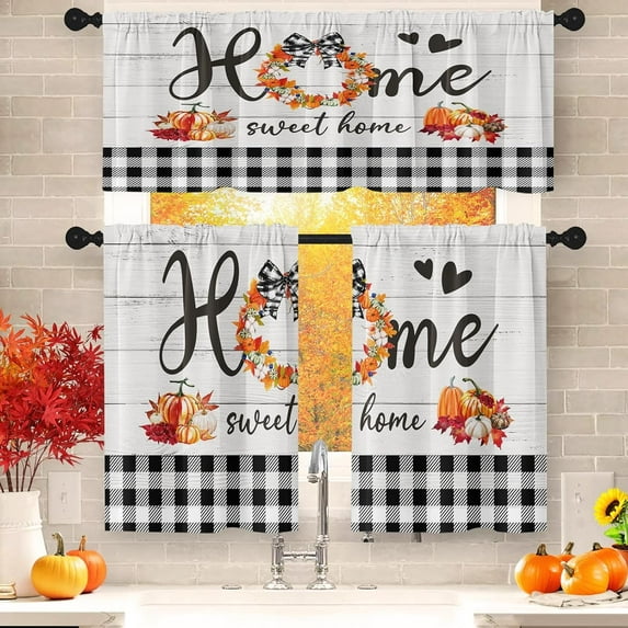 Fall Kitchen Curtains Farmhouse Window Curtains Valance and Tier Set 36 Inch, Autumn Pumpkin Home Rod Pocket Short Tier Curtain for Room, Vintage Wooden Plaid Small Cafe Kitchen Decor