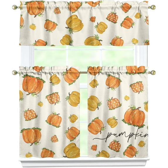 Fall Kitchen Curtains Pumpkin Curtain for Dining Room Tier Curtains Farmhouse Rod Pocket Window Drapes Set of 3 Curtains for Kitchen Decor