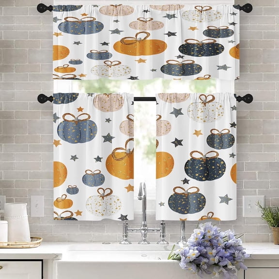 Fall Kitchen Curtains Pumpkin Window Curtains Valance and Tier Set 36 Inch, Autumn Farmhouse 3 Piece Set Rod Pocket Short Curtains, Thanksgiving Harvest Window Treatment for Living Room