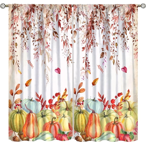 Fall Kitchen Curtains Thanksgiving Day Leaves Pumpkin Autumn Retro Vintage Farmhouse Window Treatments for Kitchen Living Room Bedroom Drapes 2 Panels 63x63 Inch