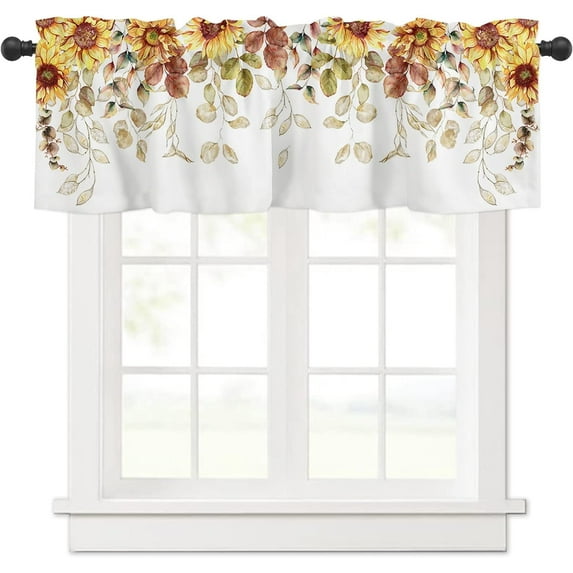Fall Kitchen Curtains, Thanksgiving Sunflower Eucalyptus Leaves Autumn Watercolor Floral Plant Short Rod Pocket Valances for Windows for Bedroom, Kitchen, Bathroom, 1 Panel, 54" W x 18" L
