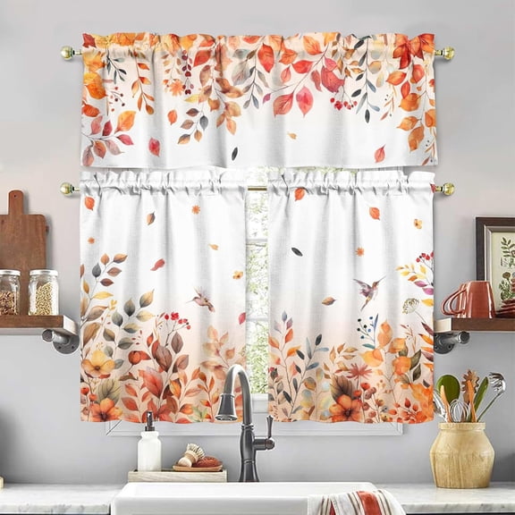 Fall Kitchen Curtains and Valance Set of 3, Autumn Eucalyptus Leaves Kitchen Window Tier Curtains Floral Bird Farmhouse Window Valances Rod Pocket Panels for Fall Home Decor