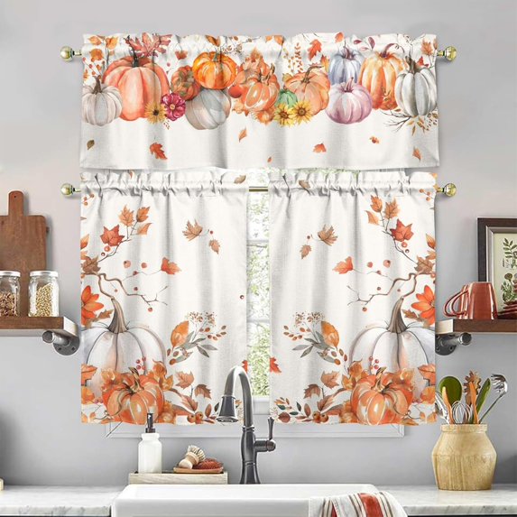 Fall Kitchen Curtains and Valance Set of 3, Autumn Pumpkin Kitchen Window Tier Curtains Floral Farmhouse Window Valances Rod Pocket Panels for Fall Home Decor