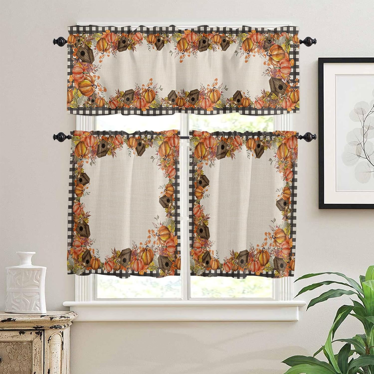 Fall Kitchen Curtains and Valances Set 36 Inches Long, Buffalo Plaid ...