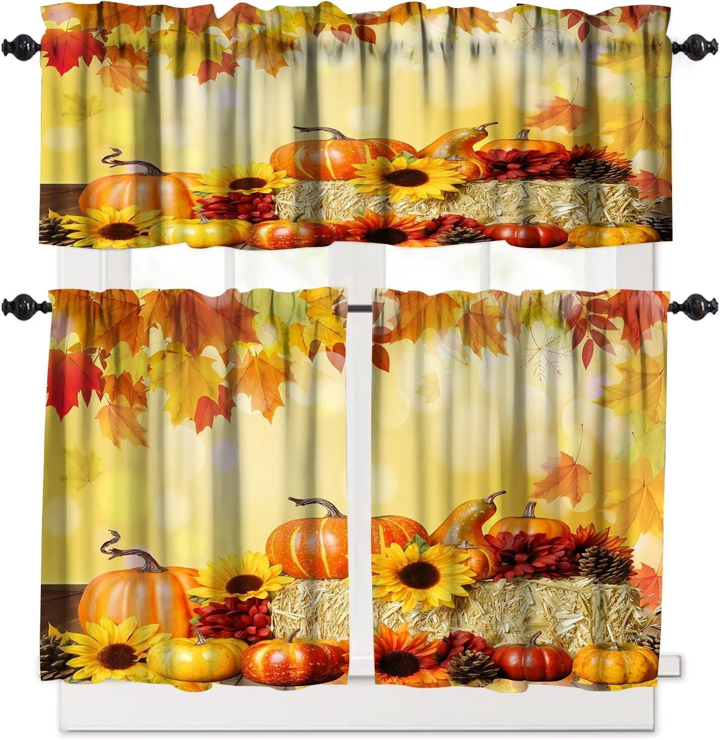 Fall Kitchen Curtains Valances Set, Thanksgiving Autumn Pumpkins Leaves ...