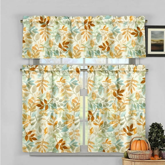 Fall Kitchen Curtains Valances and Tiers 3 Piece Set,Thanksgiving Watercolor Leaves Rod Pocket Short Kitchen Tier Curtain over Sink Window,Farmhouse Cafe Curtains for Kitchen Autumn Decor 36 Inch