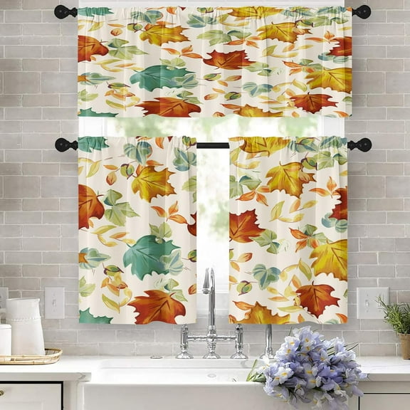 Fall Kitchen Curtains Window Curtains Valance and Tier Set 36 Inch, Autumn Maple Leaves 3 Piece Set Rod Pocket Short Curtains, Vintage Cream Farmhouse Kitchen Decor