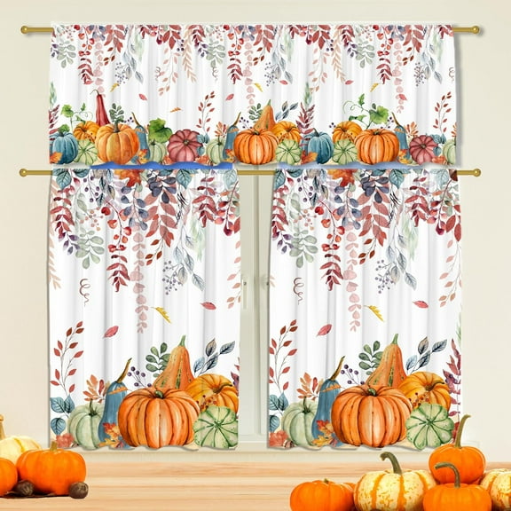 Fall Kitchen Curtains for Windows-Fall Decorations Leaves Pumpkin Valances-Autumn Leaf Curtains and Valances Set Decor for Cafe Living Room 27''''x24'''' 2 Panel & 54x18 Inch Tier Set Thanksgiving