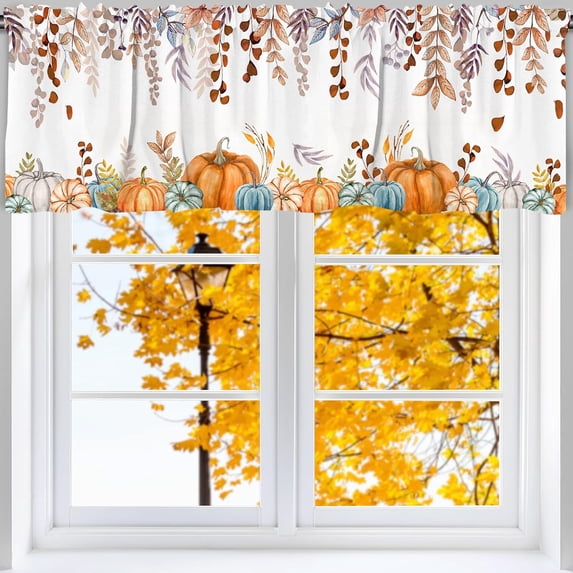 Fall Kitchen Decor Curtains Valance Rod Pocket Small Window Decorations, Orange Maple Leaf Pumpkin Curtain Valance for Living Room Bedroom, Fall Thanksgiving Decorations for Home Valances 54x18 inch