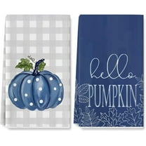 Fall Kitchen Dish Towel 18 x 26 Inch Blue Pumpkins Autumn Dishcloth Grey Plaid Farmhouse Decorative Hand Drying Tea Towel for Thanksgiving Holiday Kitchen Cooking Baking Cleaning, 2Pcs